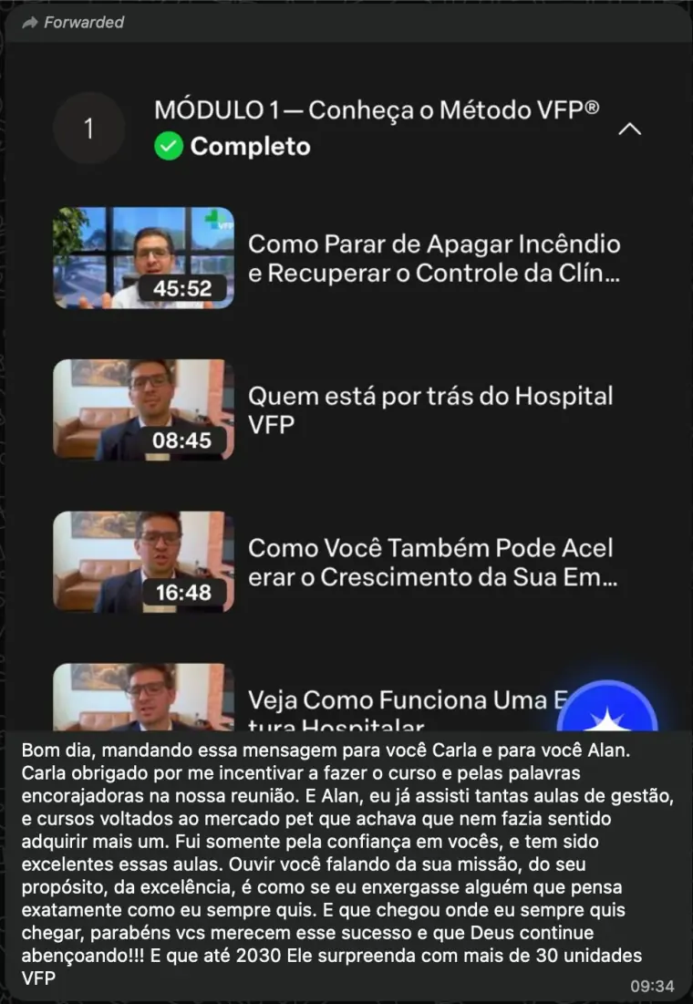 Mensagem de mentorado elogiando as aulas, a missão e o propósito da equipe VFP