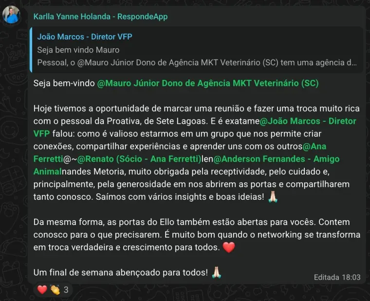Mensagem de Karlla Yanne sobre networking, troca de experiências e crescimento entre os participantes