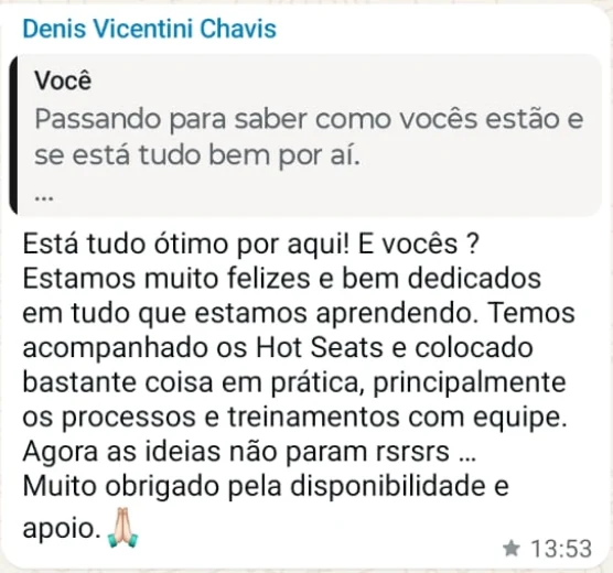 Mensagem de Denis Vicentini contando que colocou processos e treinamentos da mentoria em prática